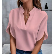 Summer Short-sleeved Chiffon Shirt New V-neck Shirt Women’s Casual Versatile Clothing Pink / L