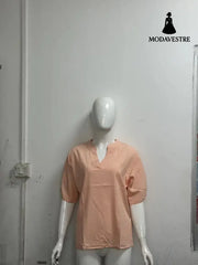 Summer Short-sleeved Chiffon Shirt New V-neck Shirt Women’s Casual Versatile Clothing PinkB / L