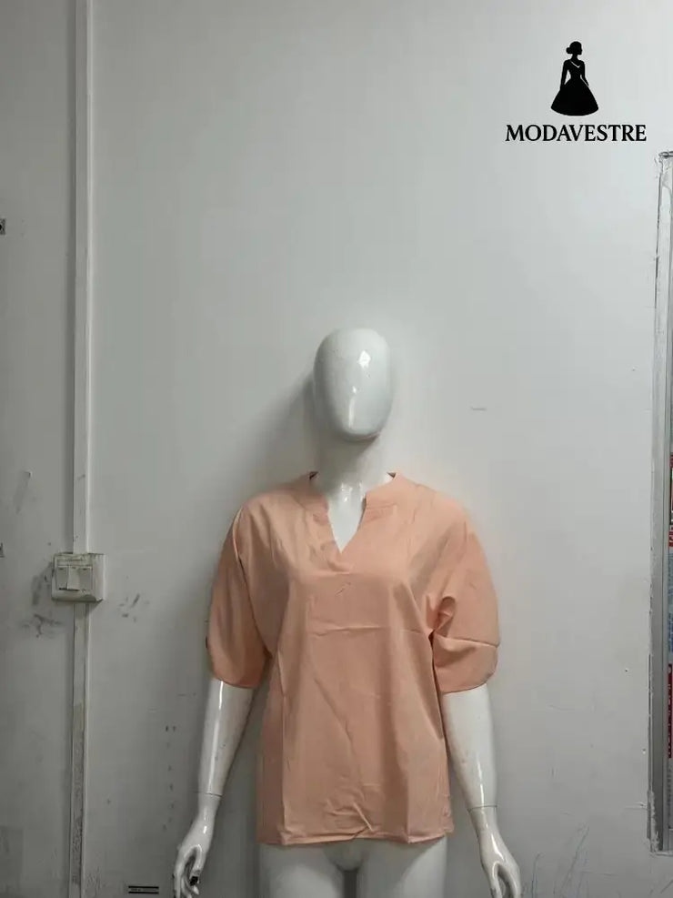 Summer Short-sleeved Chiffon Shirt New V-neck Shirt Women’s Casual Versatile Clothing PinkB / L