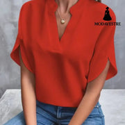 Summer Short-sleeved Chiffon Shirt New V-neck Shirt Women’s Casual Versatile Clothing Red / L