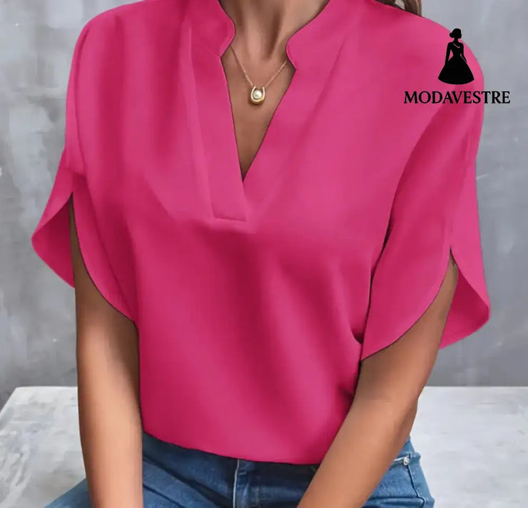 Summer Short-sleeved Chiffon Shirt New V-neck Shirt Women’s Casual Versatile Clothing Rose Red / L