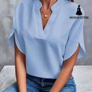 Summer Short-sleeved Chiffon Shirt New V-neck Shirt Women’s Casual Versatile Clothing Sapphire Blue / L