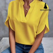 Summer Short-sleeved Chiffon Shirt New V-neck Shirt Women’s Casual Versatile Clothing Yellow / L