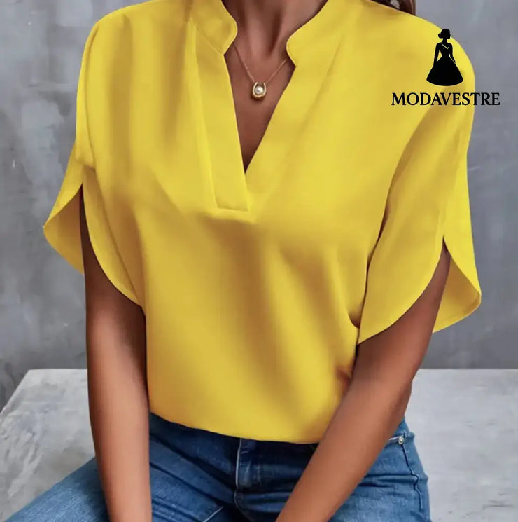 Summer Short-sleeved Chiffon Shirt New V-neck Shirt Women’s Casual Versatile Clothing Yellow / L