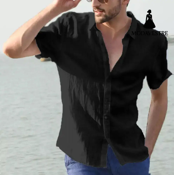 Summer Short-sleeved Shirt Casual Button Tops Men Clothing Black / 2XL Shirt