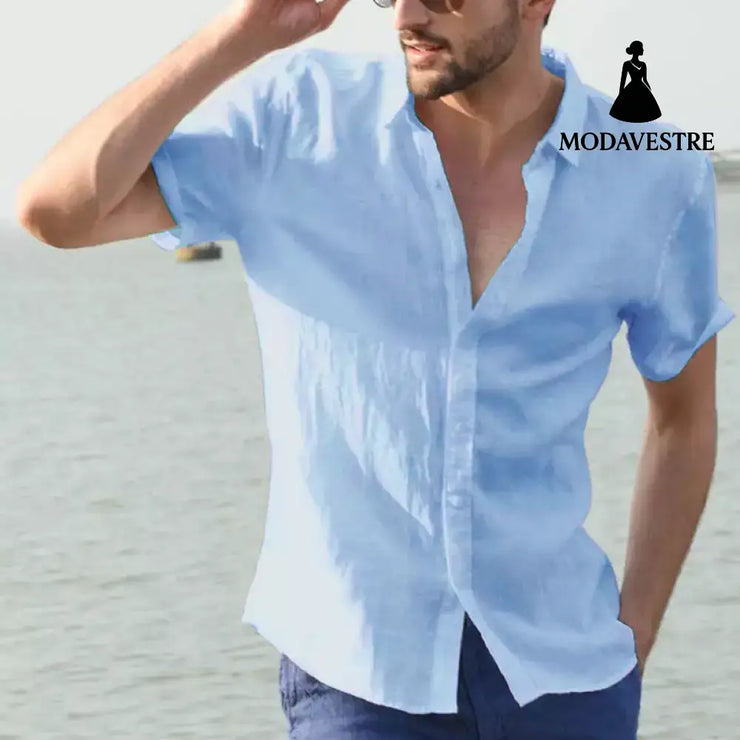 Summer Short-sleeved Shirt Casual Button Tops Men Clothing Blue / 2XL Shirt