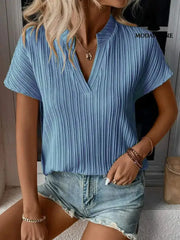 Summer Women’s Top Solid Color And V-neck Striped Short Sleeve Blue / L T-shirt
