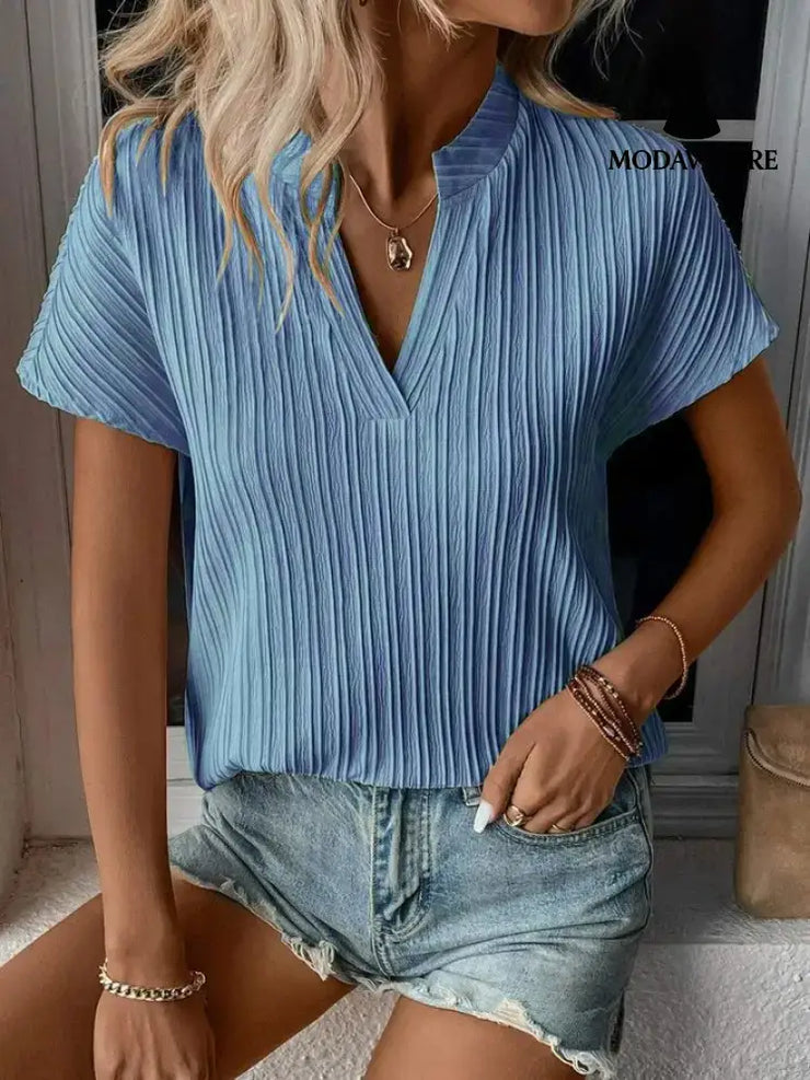 Summer Women’s Top Solid Color And V-neck Striped Short Sleeve Blue / L T-shirt