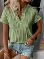 Summer Women’s Top Solid Color And V-neck Striped Short Sleeve Green / L T-shirt