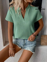 Summer Women’s Top Solid Color And V-neck Striped Short Sleeve Olive Green / L T-shirt