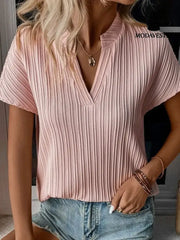 Summer Women’s Top Solid Color And V-neck Striped Short Sleeve Pink / L T-shirt