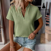 Summer Women’s Top Solid Color And V-neck Striped Short Sleeve T-shirt