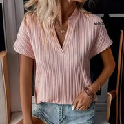 Summer Women’s Top Solid Color And V-neck Striped Short Sleeve T-shirt