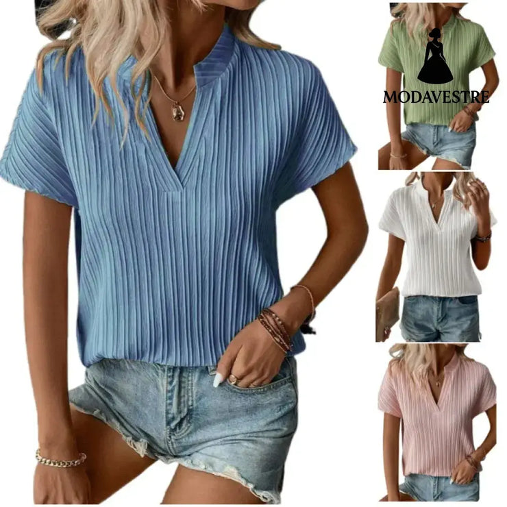 Summer Women’s Top Solid Color And V-neck Striped Short Sleeve T-shirt