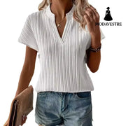Summer Women’s Top Solid Color And V-neck Striped Short Sleeve T-shirt
