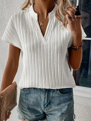 Summer Women’s Top Solid Color And V-neck Striped Short Sleeve White / L T-shirt
