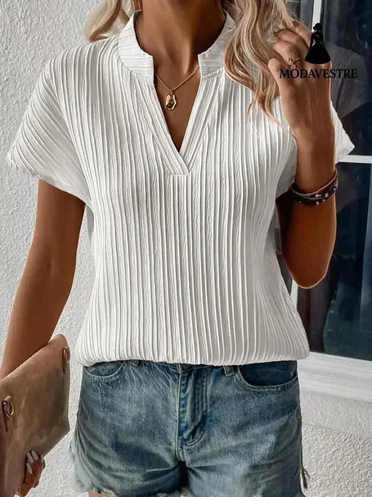 Summer Women’s Top Solid Color And V-neck Striped Short Sleeve White / L T-shirt