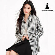 Sweet Lazy Korean-Style Design Black and White Checkered Bow Loose Shirt Casual Lightweight Sun Protection Jacket for