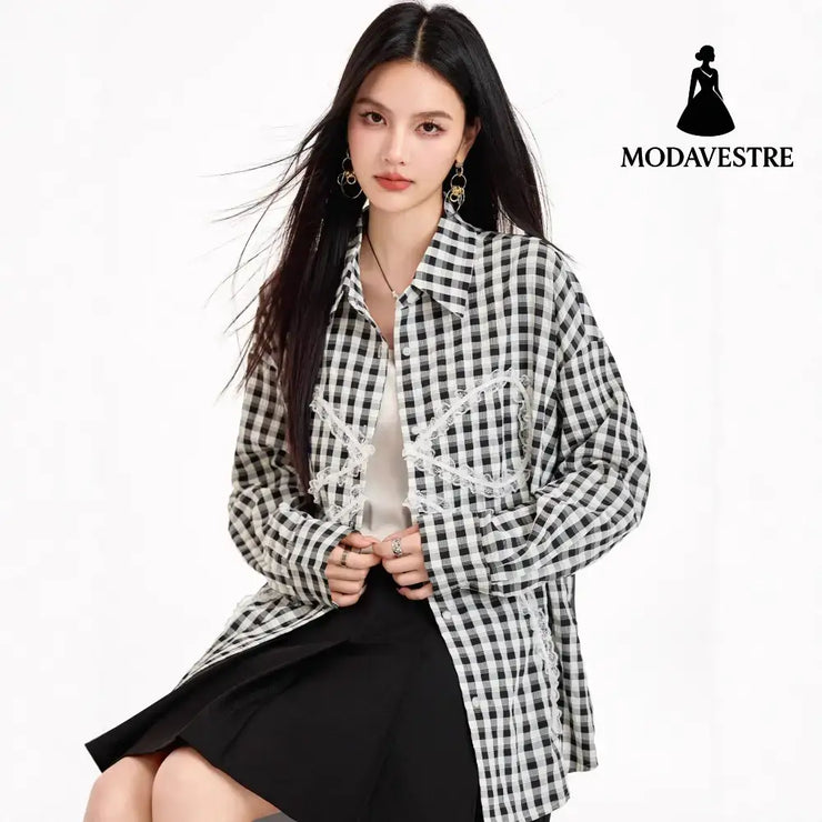 Sweet Lazy Korean-Style Design Black and White Checkered Bow Loose Shirt Casual Lightweight Sun Protection Jacket for