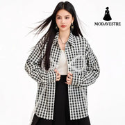 Sweet Lazy Korean-Style Design Black and White Checkered Bow Loose Shirt Casual Lightweight Sun Protection Jacket for