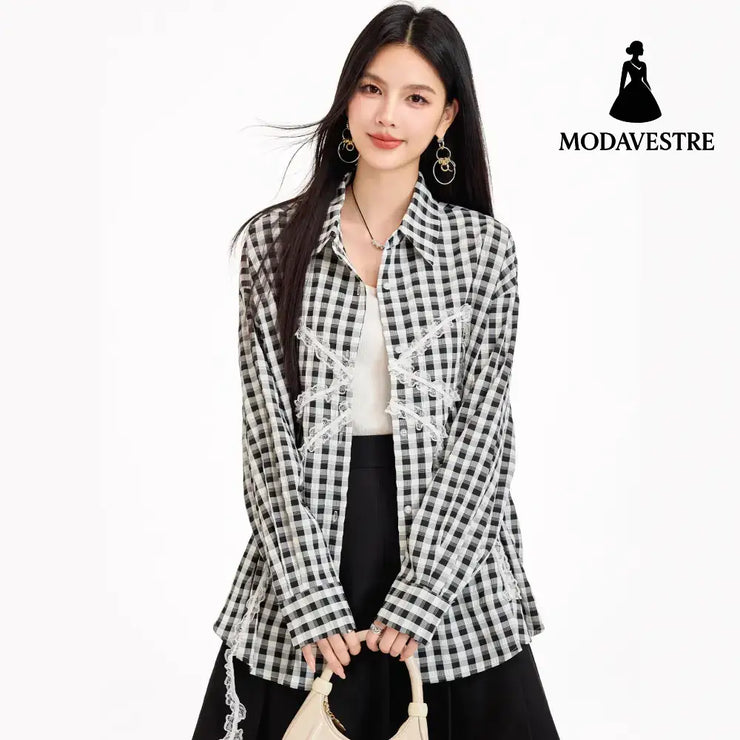 Sweet Lazy Korean-Style Design Black and White Checkered Bow Loose Shirt Casual Lightweight Sun Protection Jacket for