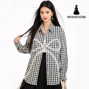 Sweet Lazy Korean-Style Design Black and White Checkered Bow Loose Shirt Casual Lightweight Sun Protection Jacket for