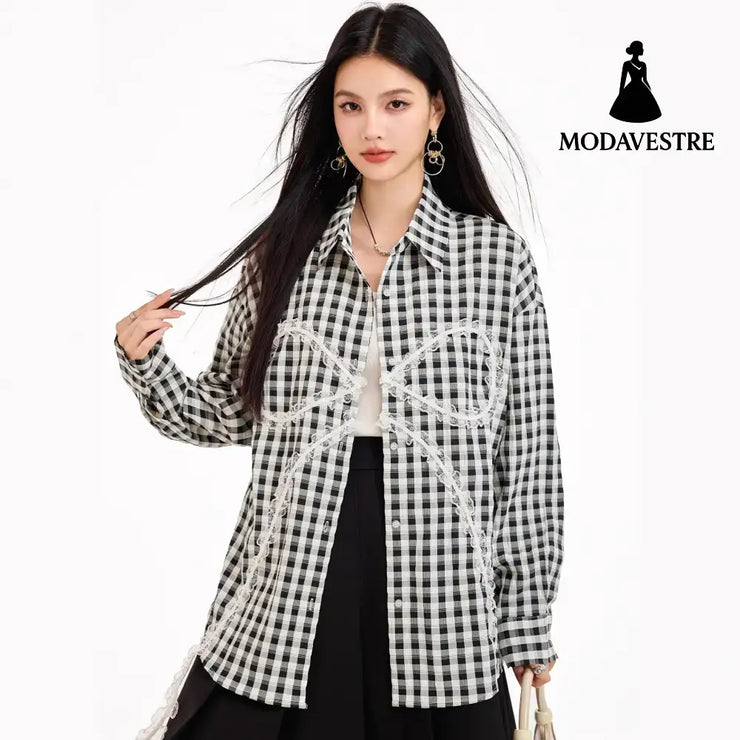 Sweet Lazy Korean-Style Design Black and White Checkered Bow Loose Shirt Casual Lightweight Sun Protection Jacket for