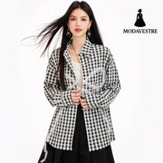 Sweet Lazy Korean-Style Design Black and White Checkered Bow Loose Shirt Casual Lightweight Sun Protection Jacket for
