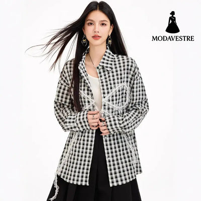 Sweet Lazy Korean-Style Design Black and White Checkered Bow Loose Shirt Casual Lightweight Sun Protection Jacket for
