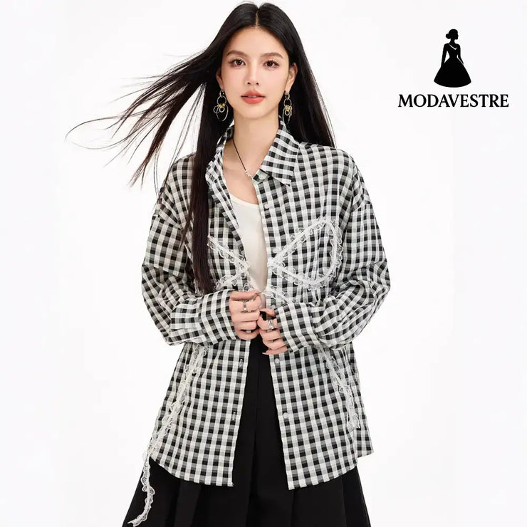 Sweet Lazy Korean-Style Design Black and White Checkered Bow Loose Shirt Casual Lightweight Sun Protection Jacket for