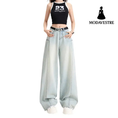 Tencel Wide-Leg Patchwork Jeans Spring Soft Skin-Friendly Drapey Knife-Edge Straight Leg Floor-Length Pants