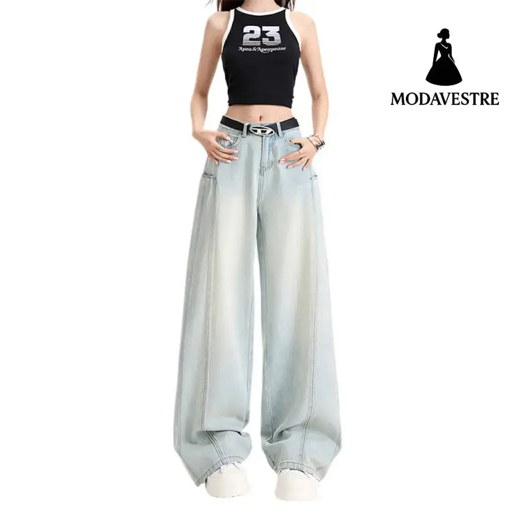 Tencel Wide-Leg Patchwork Jeans Spring Soft Skin-Friendly Drapey Knife-Edge Straight Leg Floor-Length Pants