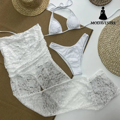 Three-Piece Lace Bikini Set – Elegant Women’s Swimsuit Cover-Up