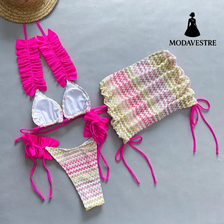 Three-Piece Rose Red Bikini Set – Women’s Printed Swimwear with Mini Skirt