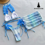 Three-Piece Rose Red Bikini Set – Women’s Printed Swimwear with Mini Skirt