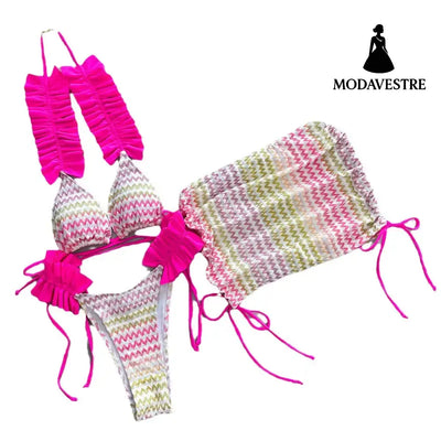 Three-Piece Rose Red Bikini Set – Women’s Printed Swimwear with Mini Skirt