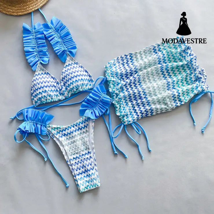 Three-Piece Rose Red Bikini Set – Women’s Printed Swimwear with Mini Skirt C3478-Blue / S