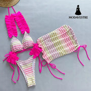 Three-Piece Rose Red Bikini Set – Women’s Printed Swimwear with Mini Skirt C3478-Rose Red / S