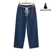 Tie rope casual straight leg wide leg pants Navy Blue / S