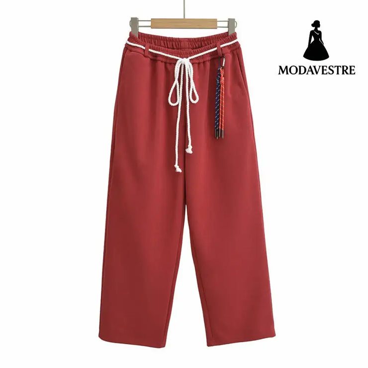 Tie rope casual straight leg wide leg pants Red / S