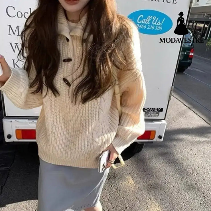 Turtleneck Twist Sweater Women’s High-grade Casual Beige / Free Size Jumper