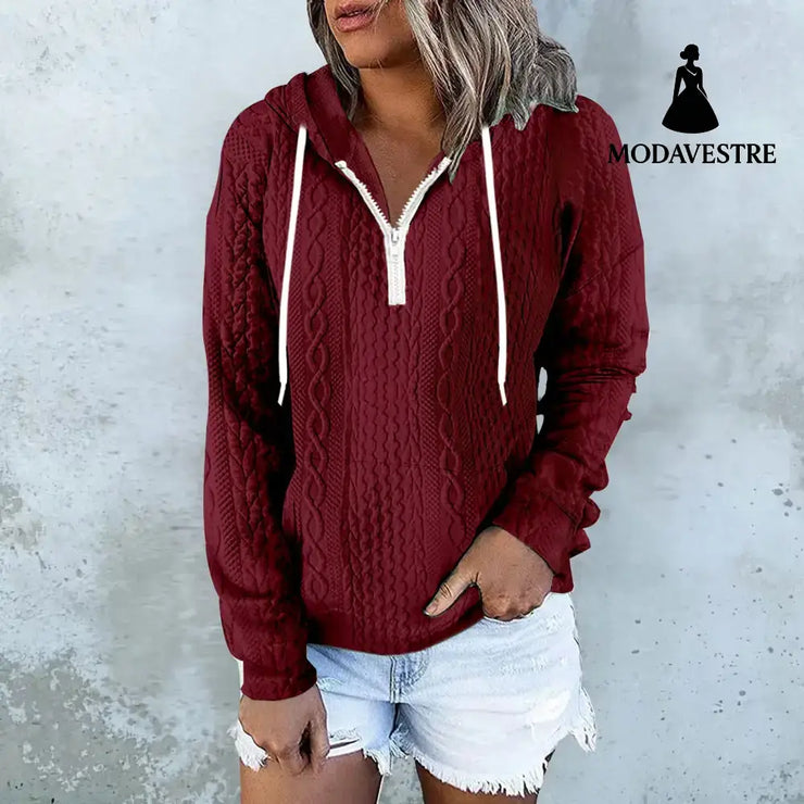 Twist Texture Design Hoodie Drawstring Sweatshirt Fashion Women Daily Clothing Dark Red / 4XL