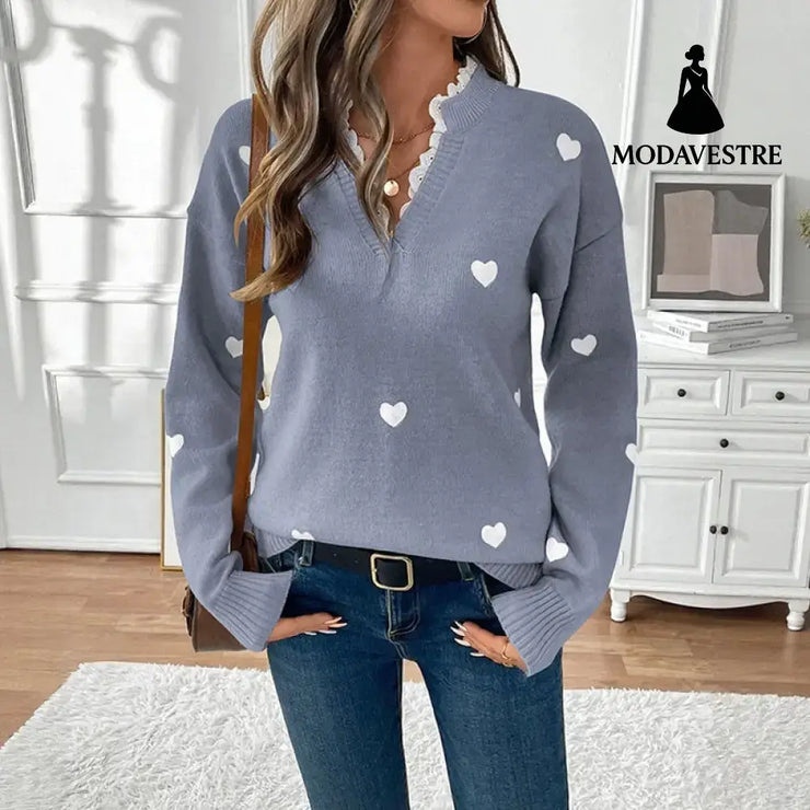 Valentine’s Day Clothing V-neck Love Sweater For Women Blue / L