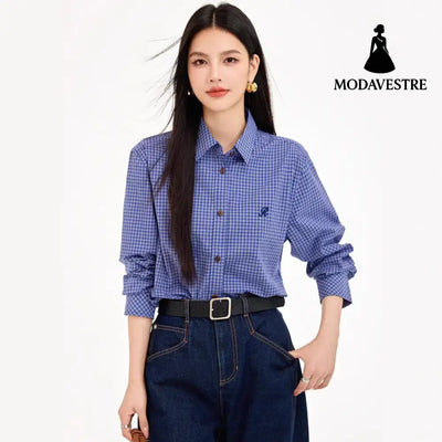 Vintage Hong Kong Style Blue Checkered Shirt for Women French Loose Slim-Fitting Commute Chic Top Blue / S