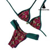 Vintage Printed Triangle Bikini – Metal Detail Two-Piece Swimwear
