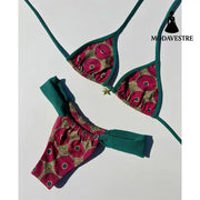 Vintage Printed Triangle Bikini – Metal Detail Two-Piece Swimwear