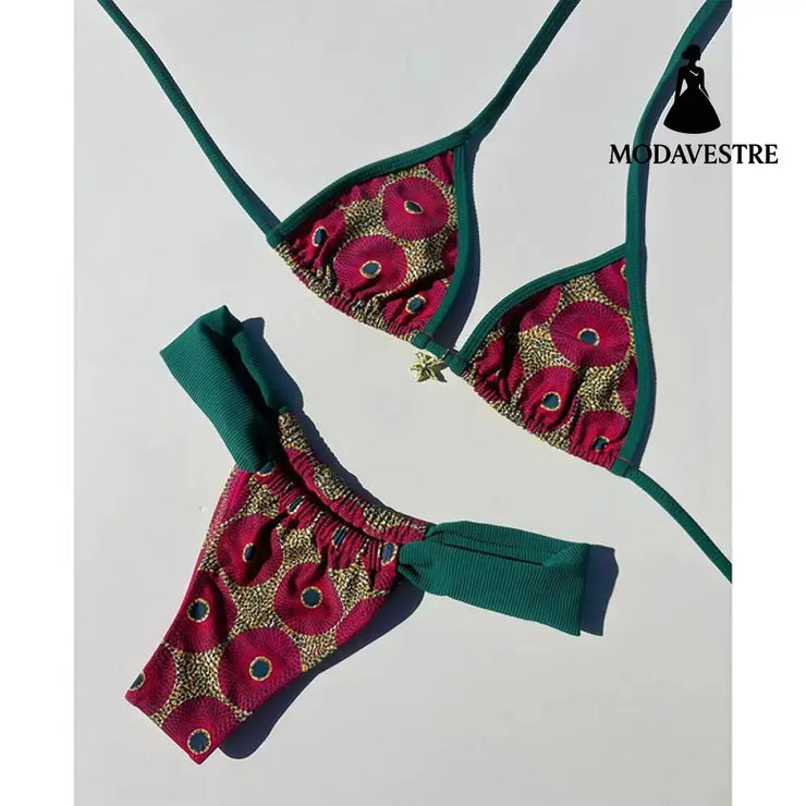Vintage Printed Triangle Bikini – Metal Detail Two-Piece Swimwear