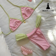 Vintage Printed Triangle Bikini – Metal Detail Two-Piece Swimwear Pink Printed Bikini / S