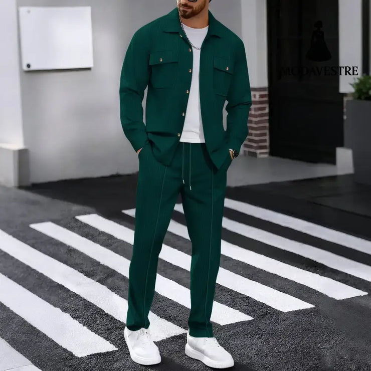 Waffle Long-sleeved Trousers Casual Men’s Suit Dark Green / L