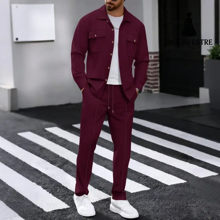 Waffle Long-sleeved Trousers Casual Men’s Suit Wine Red / L